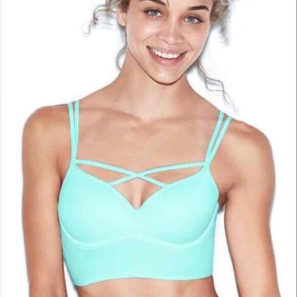Victoria's Secret Pink Bra Bralette Medium Blue Green Cage Criss Cross Strappy - Picture 2 of 6